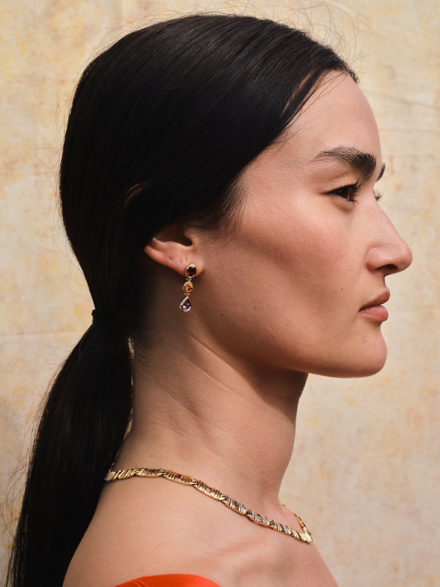 SARARA DROP EARRINGS - IMPERIAL MALAYA GARNET , MANDARIN GARNET, VIOLET SPINEL