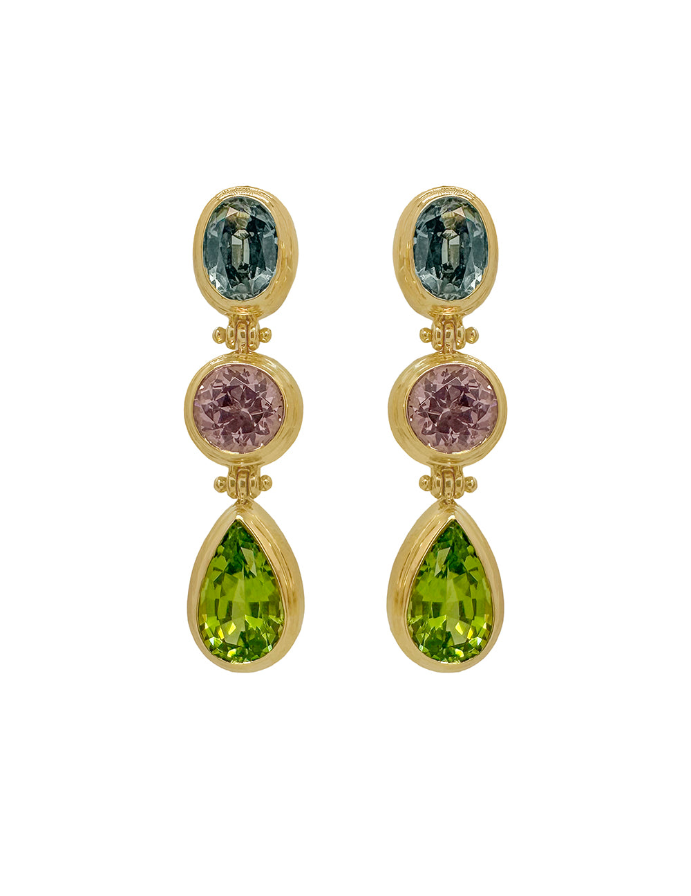 SARARA DROP EARRING - UNHEATED TEAL SAPPHIRE, MALAYA GARNET, PERIDOT
