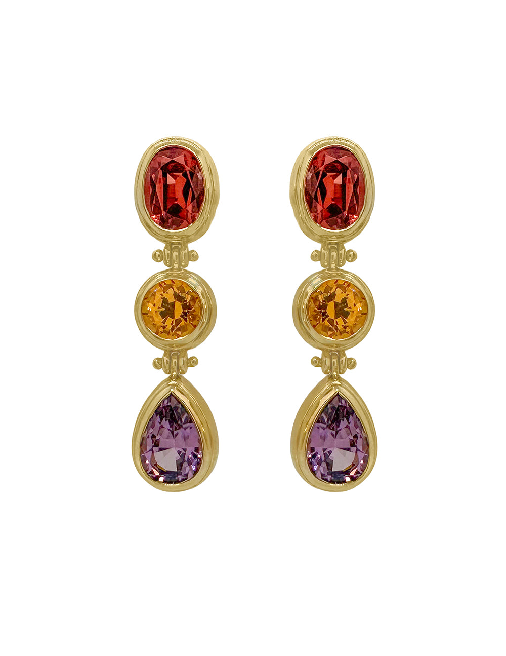SARARA DROP EARRINGS - IMPERIAL MALAYA GARNET , MANDARIN GARNET, VIOLET SPINEL