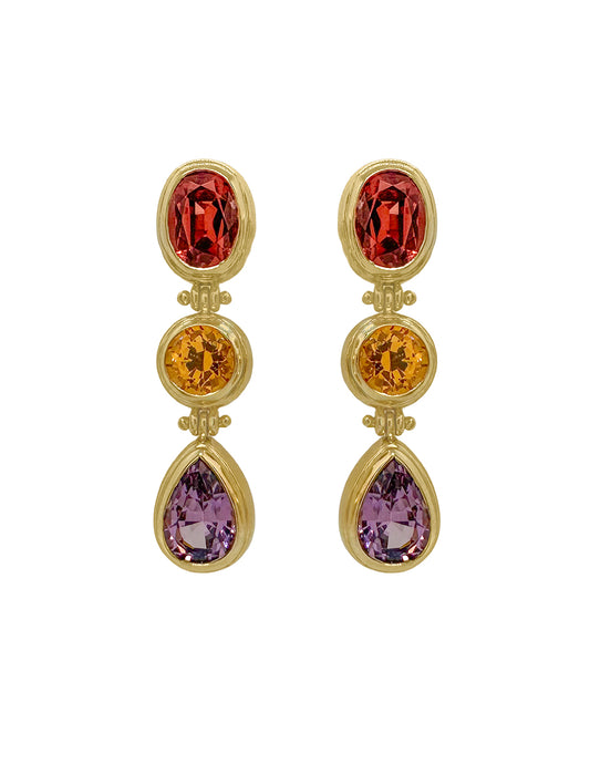 SARARA DROP EARRINGS - IMPERIAL MALAYA GARNET , MANDARIN GARNET, VIOLET SPINEL