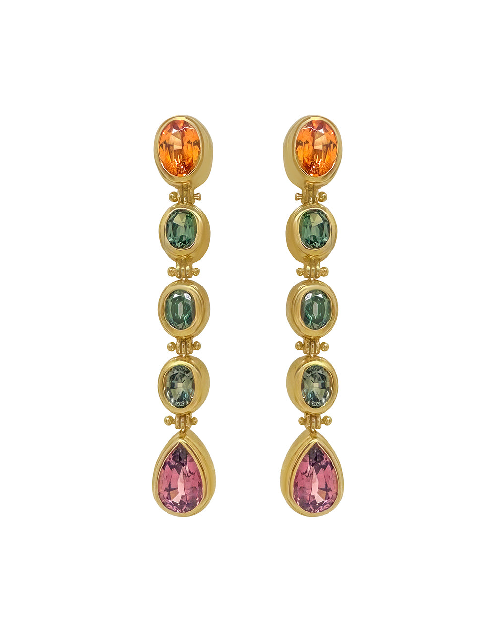 SARARA 5 DROP EARRINGS - MANDARIN GARNET, UNHEATED TEAL SAPPHIRE, AND MALAYA GARNET