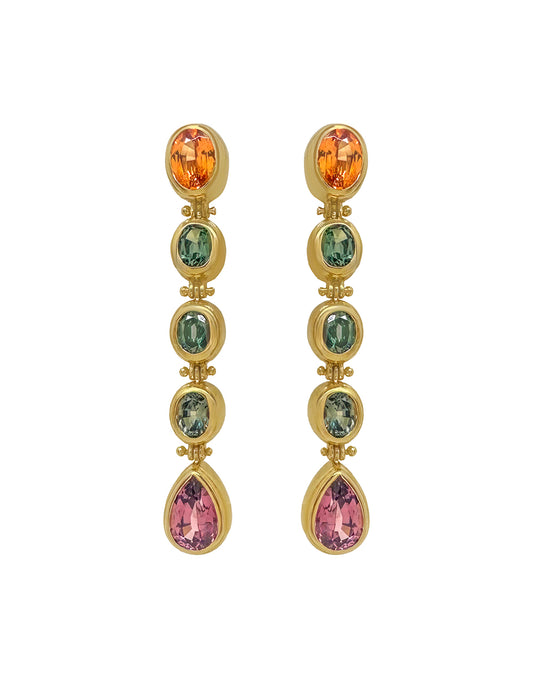 SARARA 5 DROP EARRINGS - MANDARIN GARNET, UNHEATED TEAL SAPPHIRE, AND MALAYA GARNET