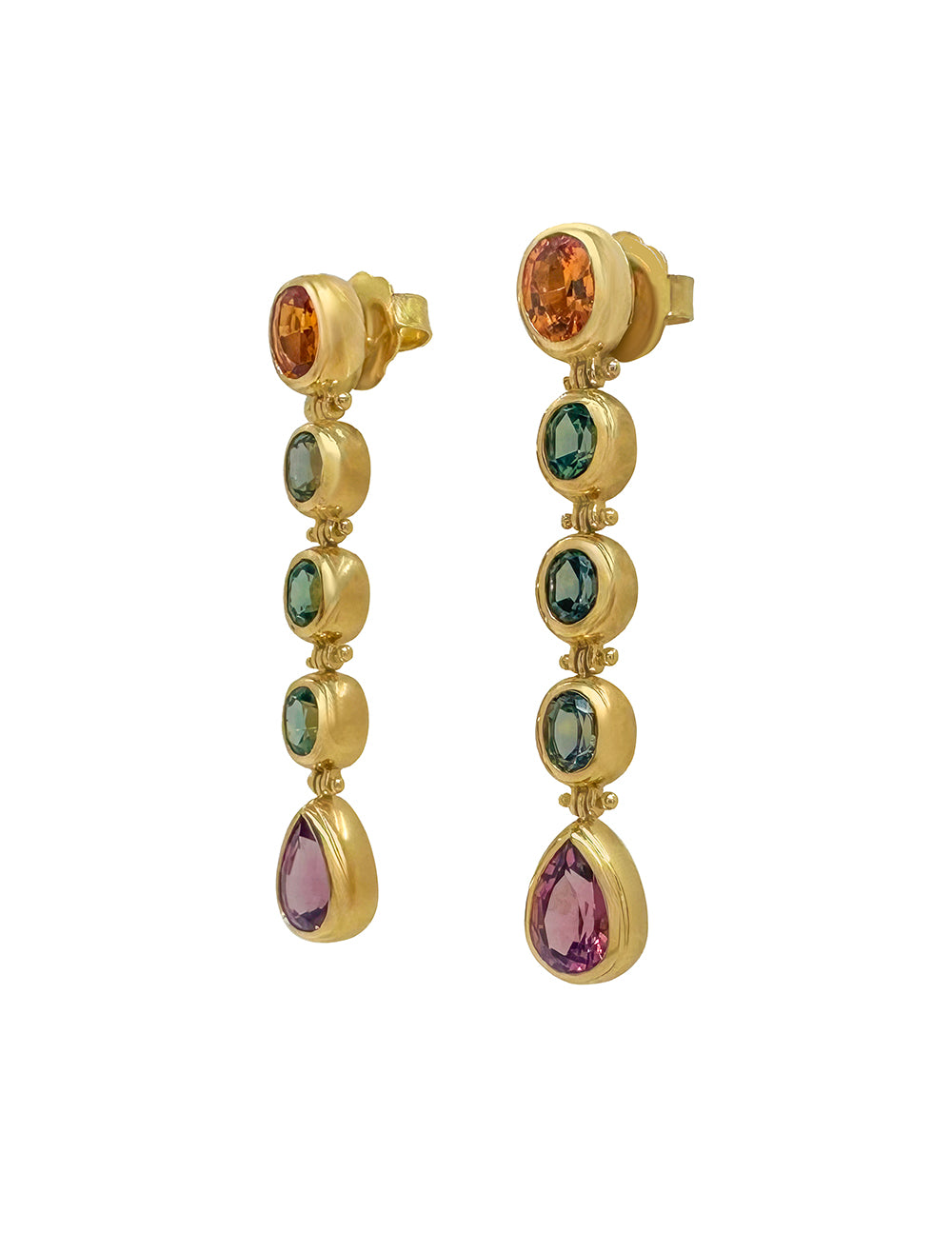 SARARA 5 DROP EARRINGS - MANDARIN GARNET, UNHEATED TEAL SAPPHIRE, AND MALAYA GARNET