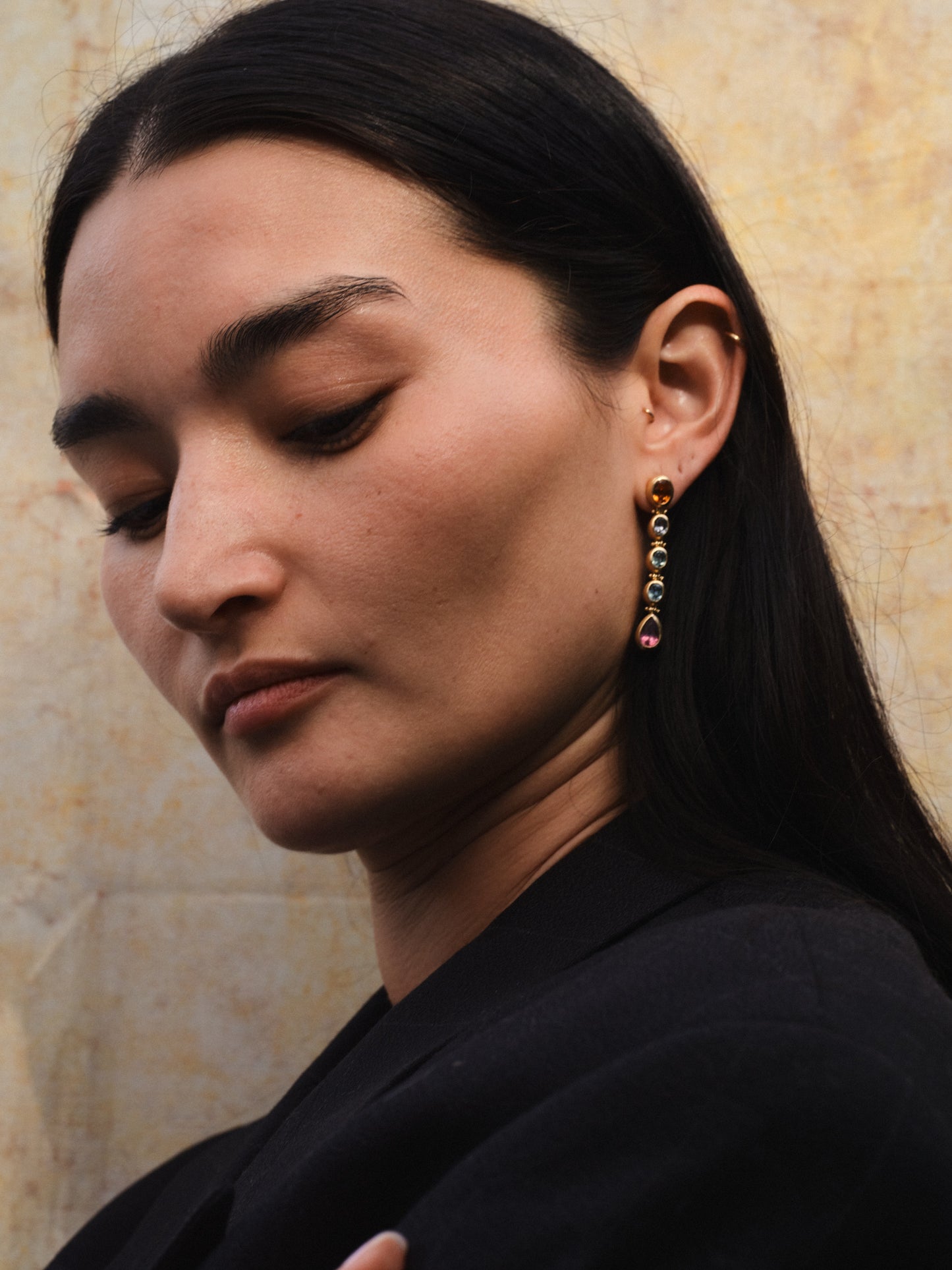 SARARA 5 DROP EARRINGS - MANDARIN GARNET, UNHEATED TEAL SAPPHIRE, AND MALAYA GARNET