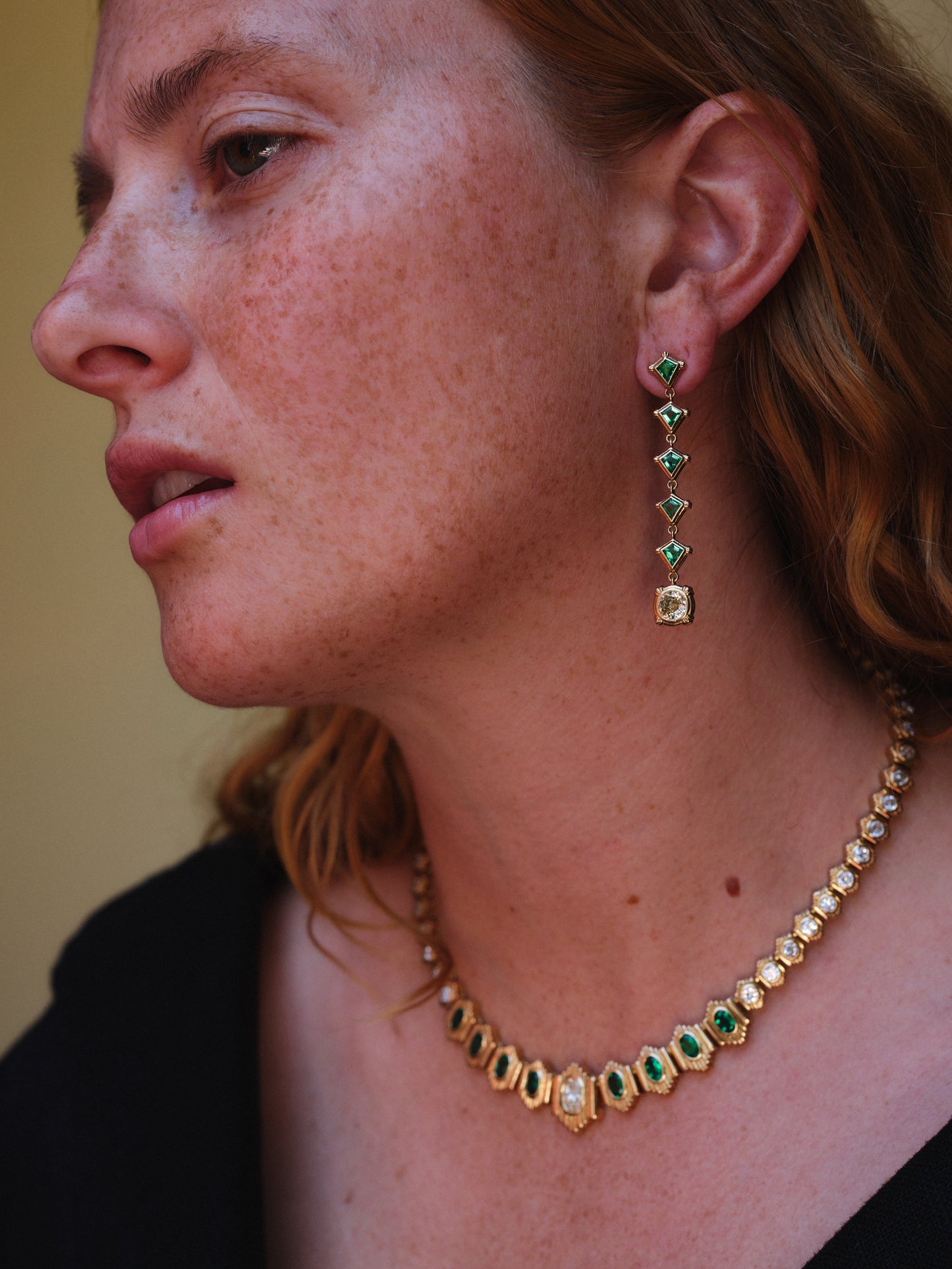 BETSEY EMERALD AND CHAMPAGNE DIAMOND DROP EARRINGS