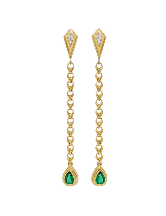 DIAMOND AND EMERALD LOTUS DROP EARRINGS