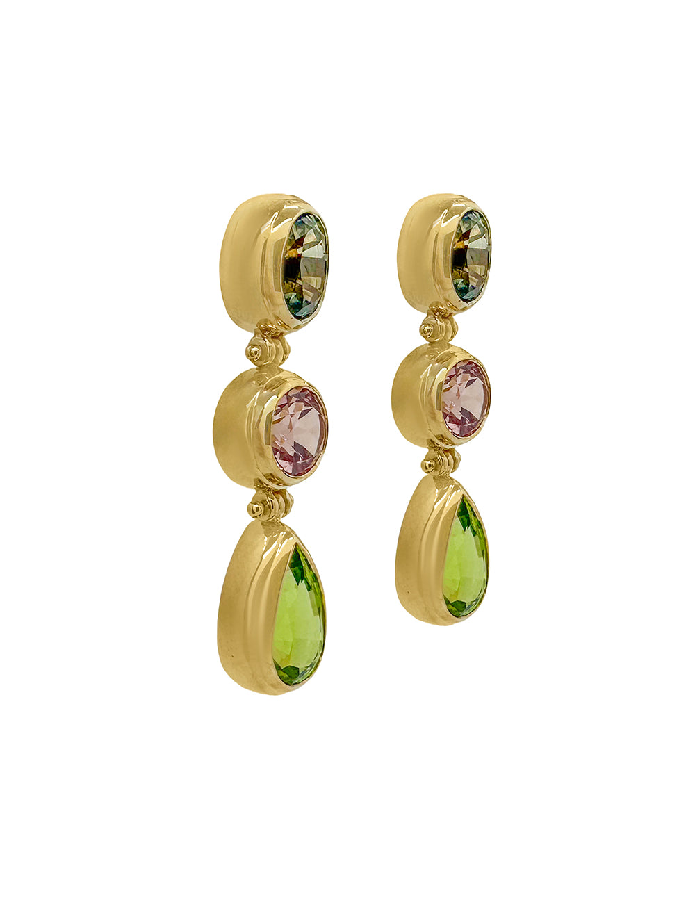 SARARA DROP EARRING - UNHEATED TEAL SAPPHIRE, MALAYA GARNET, PERIDOT