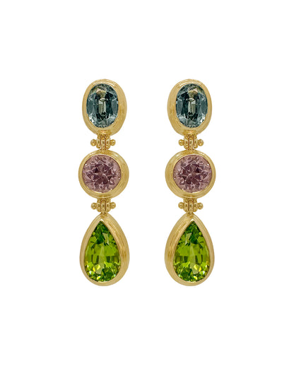 SARARA DROP EARRING - UNHEATED TEAL SAPPHIRE, MALAYA GARNET, PERIDOT
