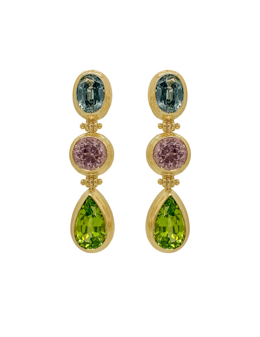 SARARA DROP EARRING - UNHEATED TEAL SAPPHIRE, MALAYA GARNET, PERIDOT