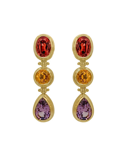 SARARA DROP EARRINGS - IMPERIAL MALAYA GARNET , MANDARIN GARNET, VIOLET SPINEL