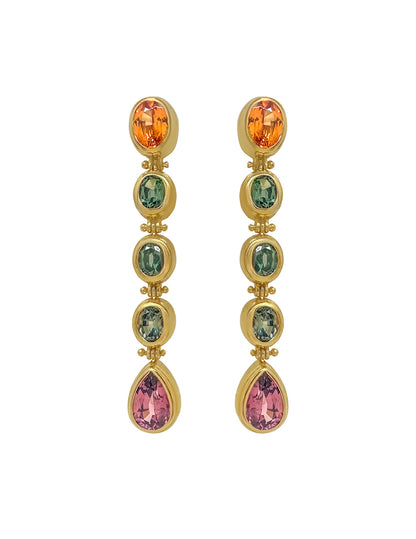SARARA 5 DROP EARRINGS - MANDARIN GARNET, UNHEATED TEAL SAPPHIRE, AND MALAYA GARNET